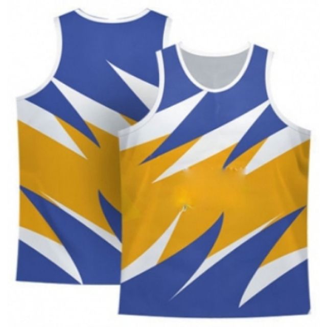 Two custom sublimated basketball singlets in blue and gold with an edge-to-edge design, front and back view