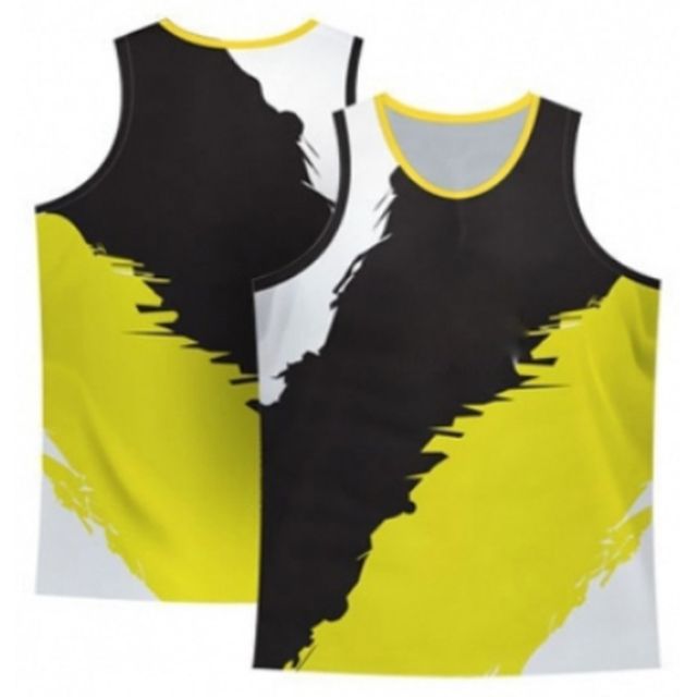 Custom sublimated basketball singlets in black, white and yellow, showing a bold club design printed edge to edge