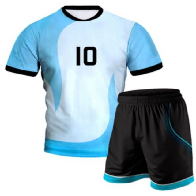 Custom sublimated volleyball uniform with a light blue and white jersey with number 10 and black shorts with blue trim