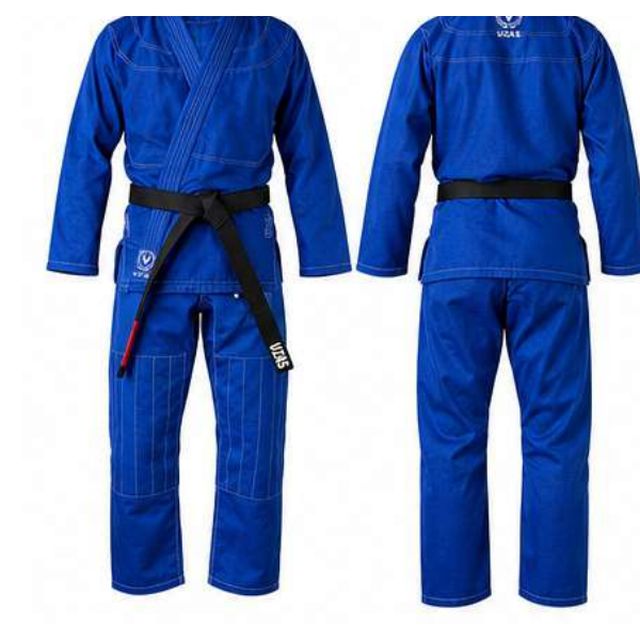 Blue private label BJJ gi with embroidered chest logo and pant leg branding, front and back view