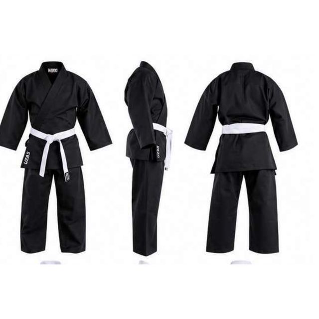 Custom embroidered white belt, the same style used for custom BJJ belts, tied on a black jujitsu gi shown front, side and back