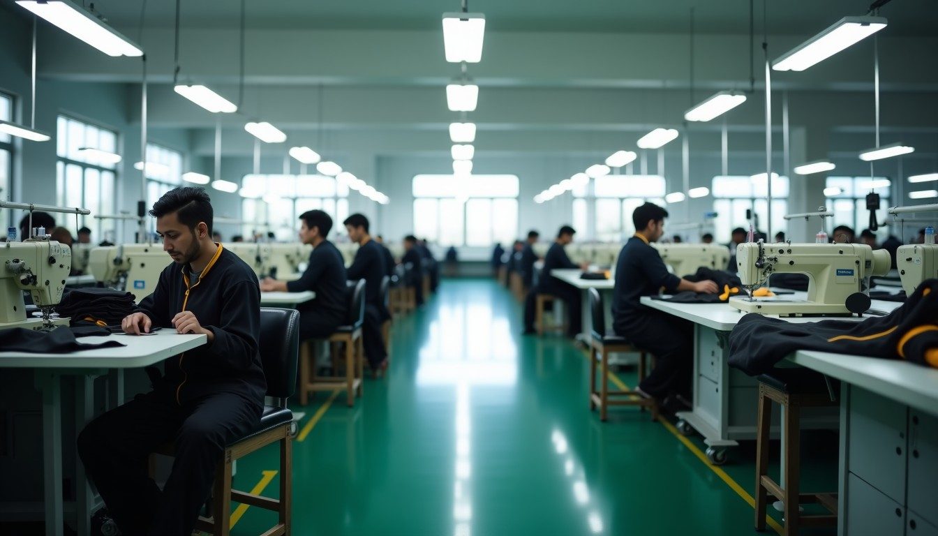 Garment factory floor with rows of sewing machines