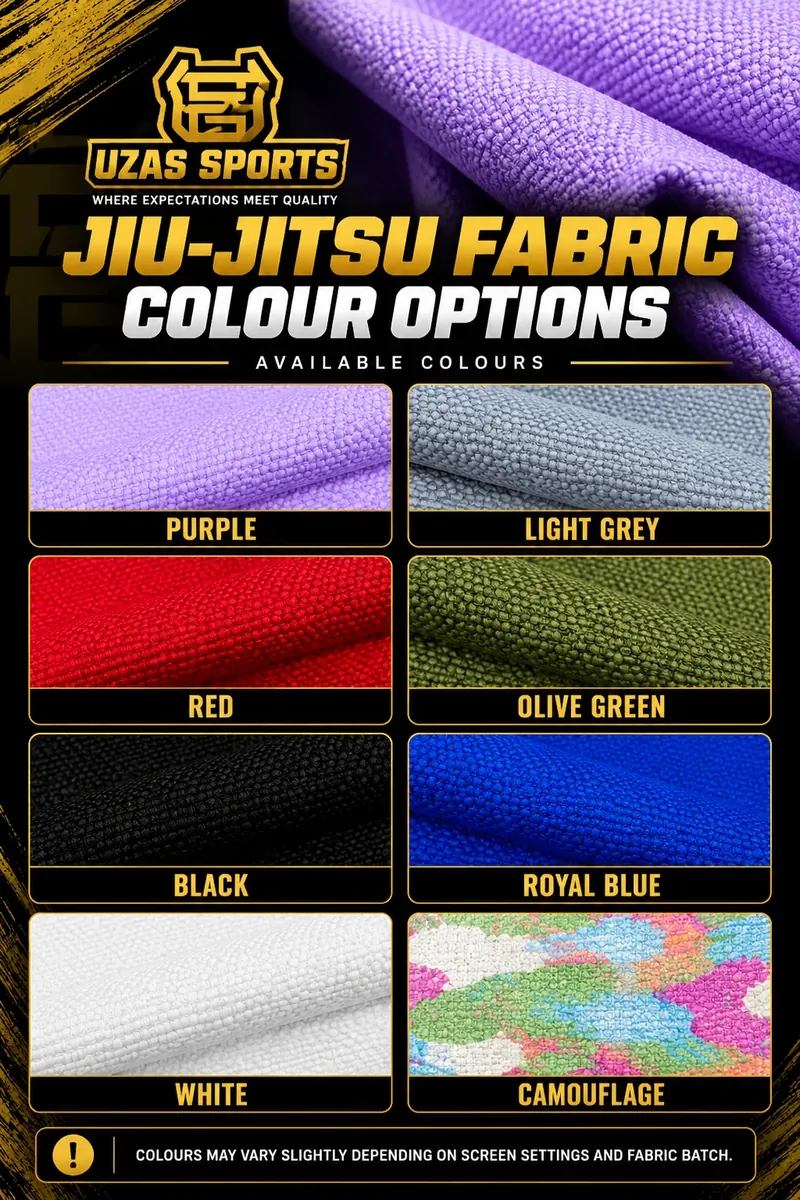 UZAS Sports jiu-jitsu gi fabric colour options: purple, light grey, red, olive green, black, royal blue, white and camouflage