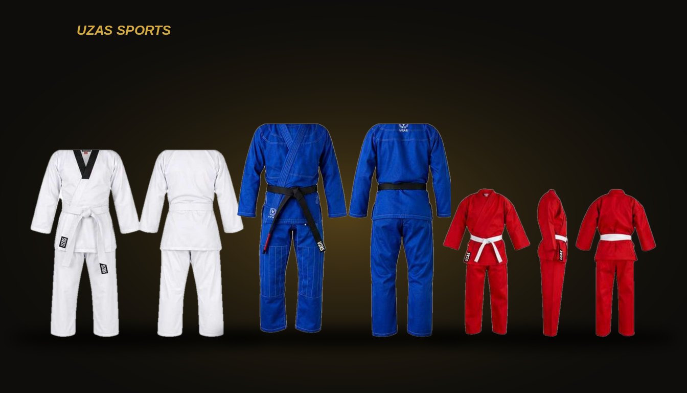 Folded black BJJ gis and black and gold rash guards ready for an academy order, sized to allow for BJJ gi shrinkage