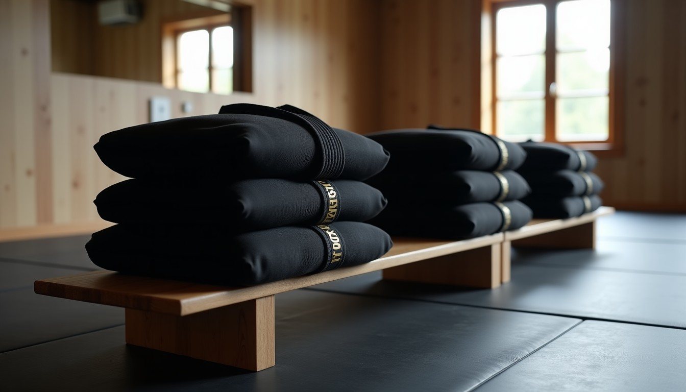 Folded black BJJ gis and black and gold rash guards in an academy