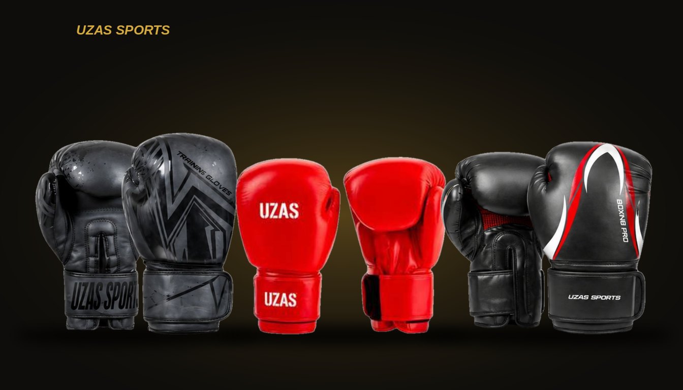 Three pairs of UZAS boxing gloves in black, red and black with red trim on a dark background