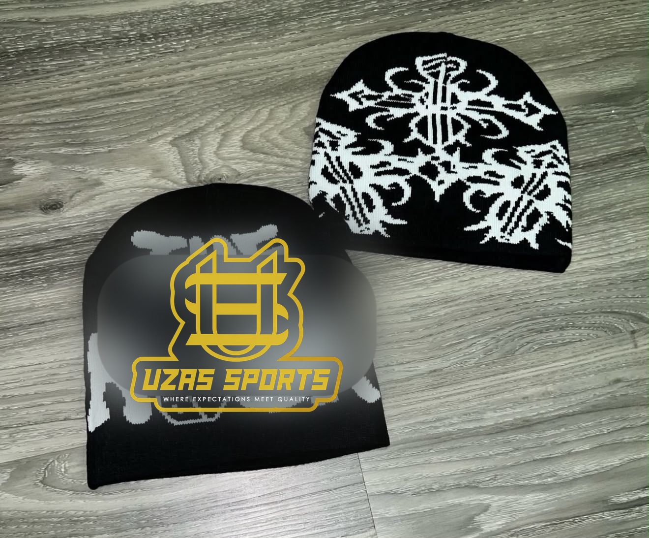 Two jacquard knit beanies with the design knitted in (brand name replaced)