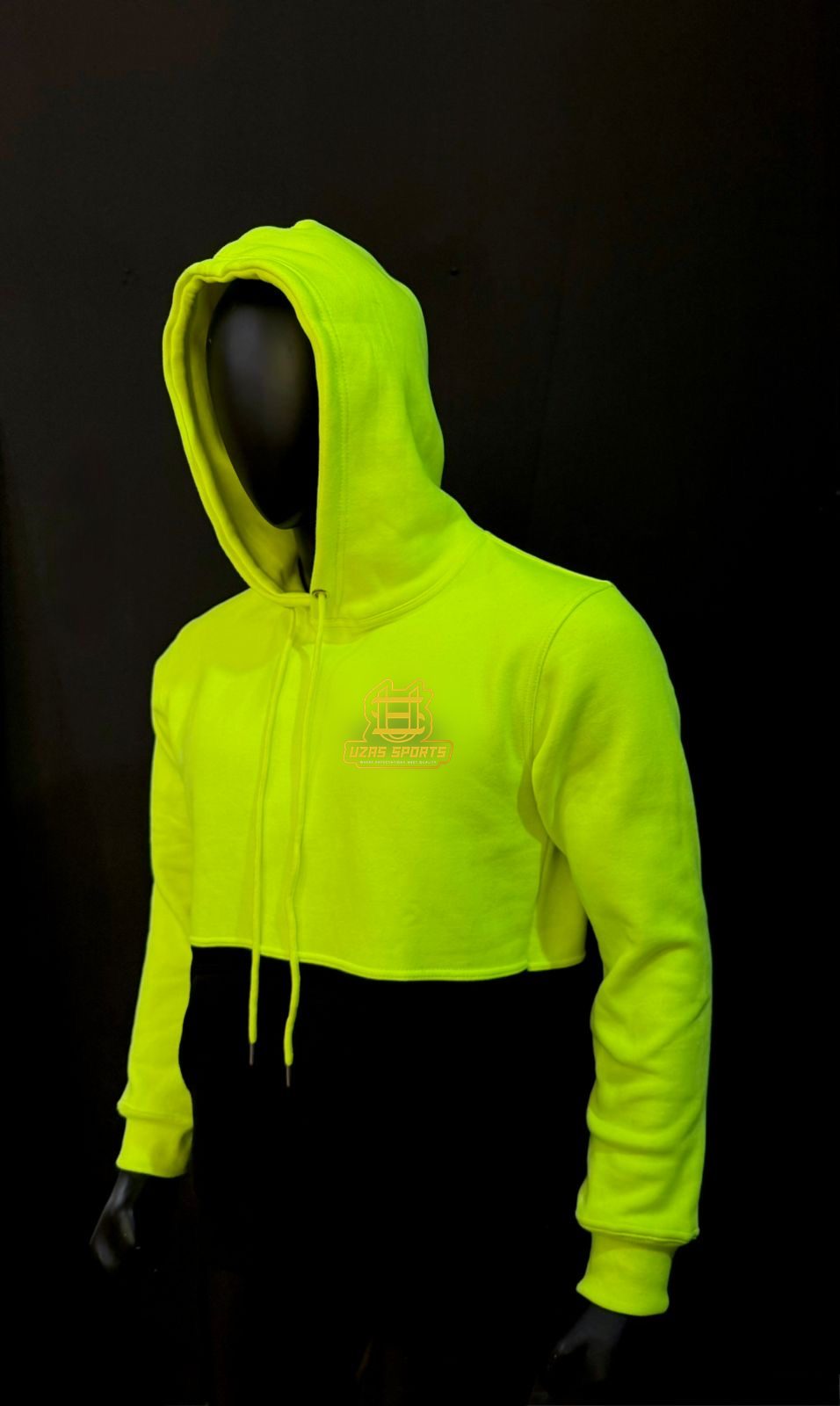 Neon yellow cropped hoodie (customer logo replaced)