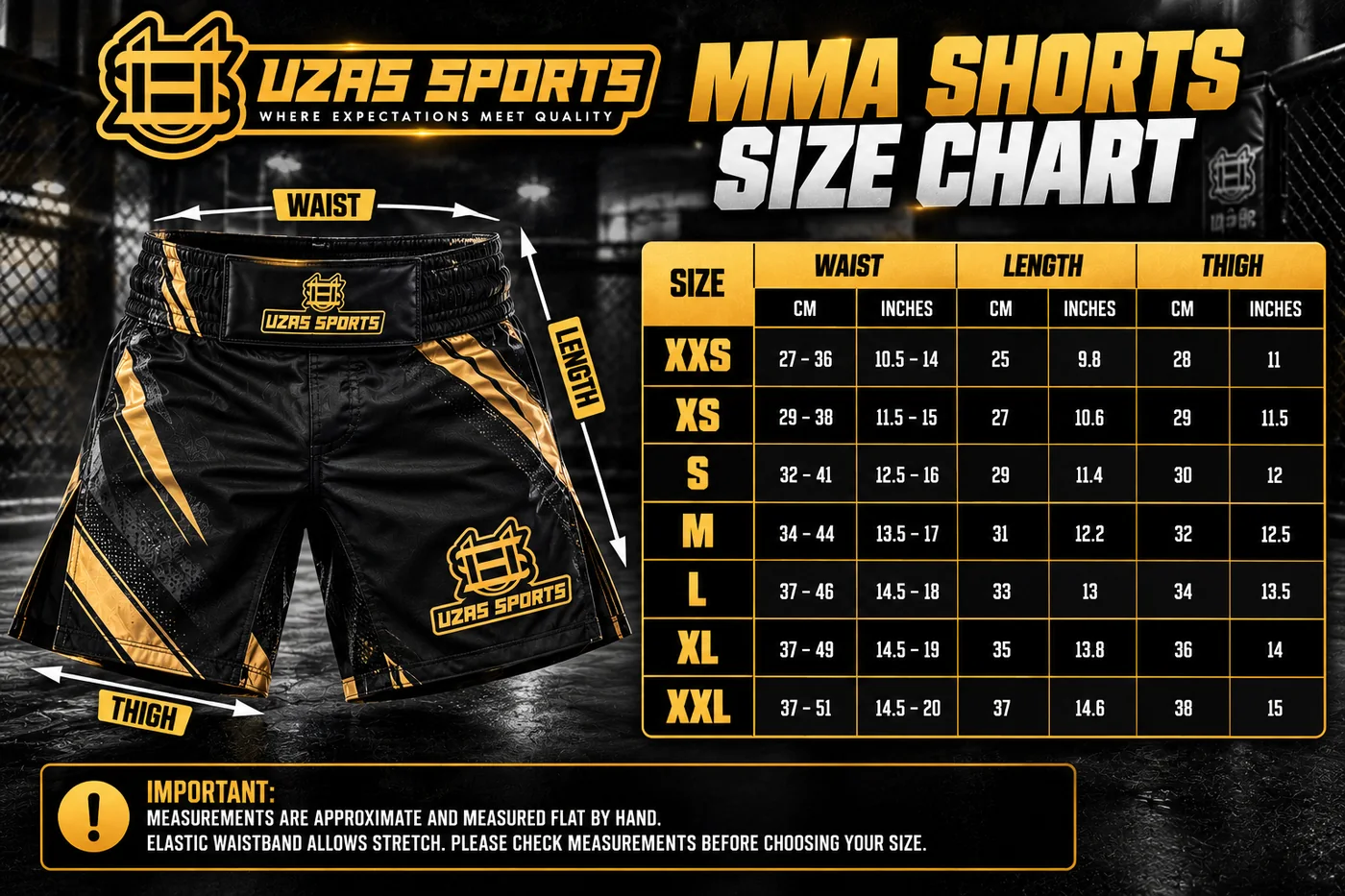 UZAS Sports MMA shorts size chart with waist, length and thigh for sizes XXS to XXL