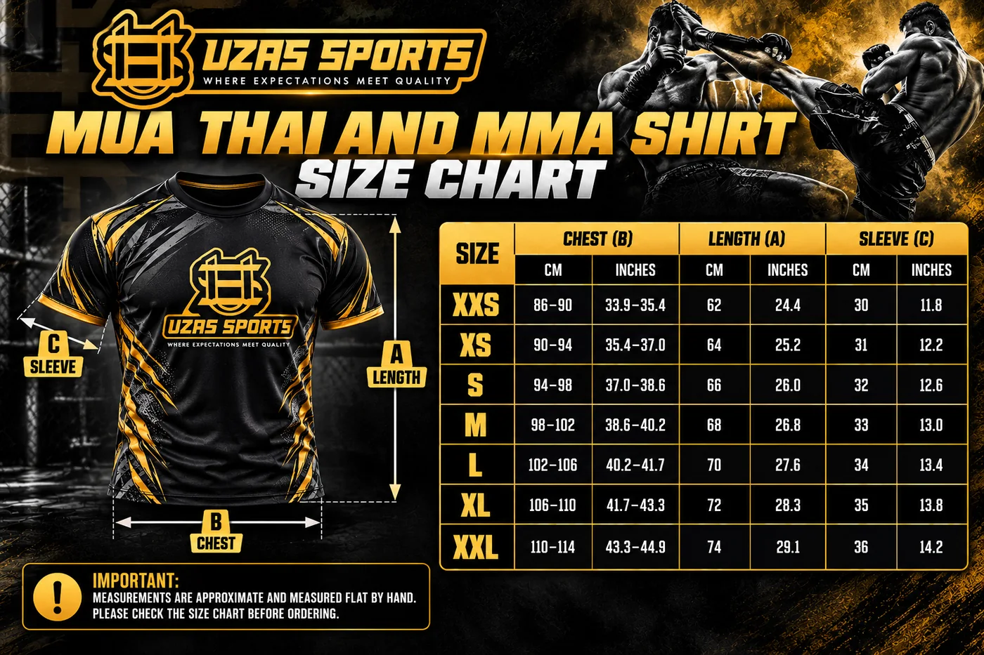 UZAS Sports Muay Thai and MMA shirt size chart with chest, length and sleeve for sizes XXS to XXL