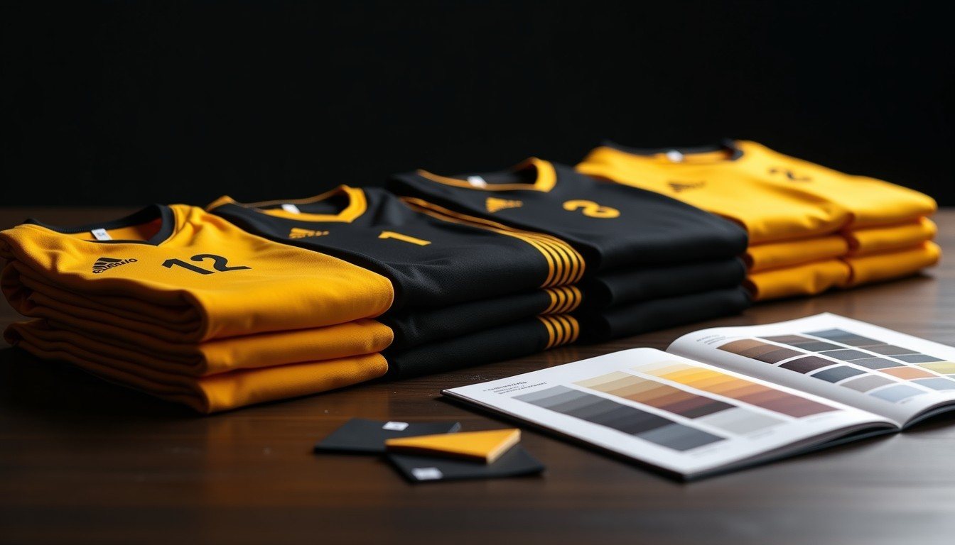 A set of matching black and gold sublimated team jerseys with a colour swatch book