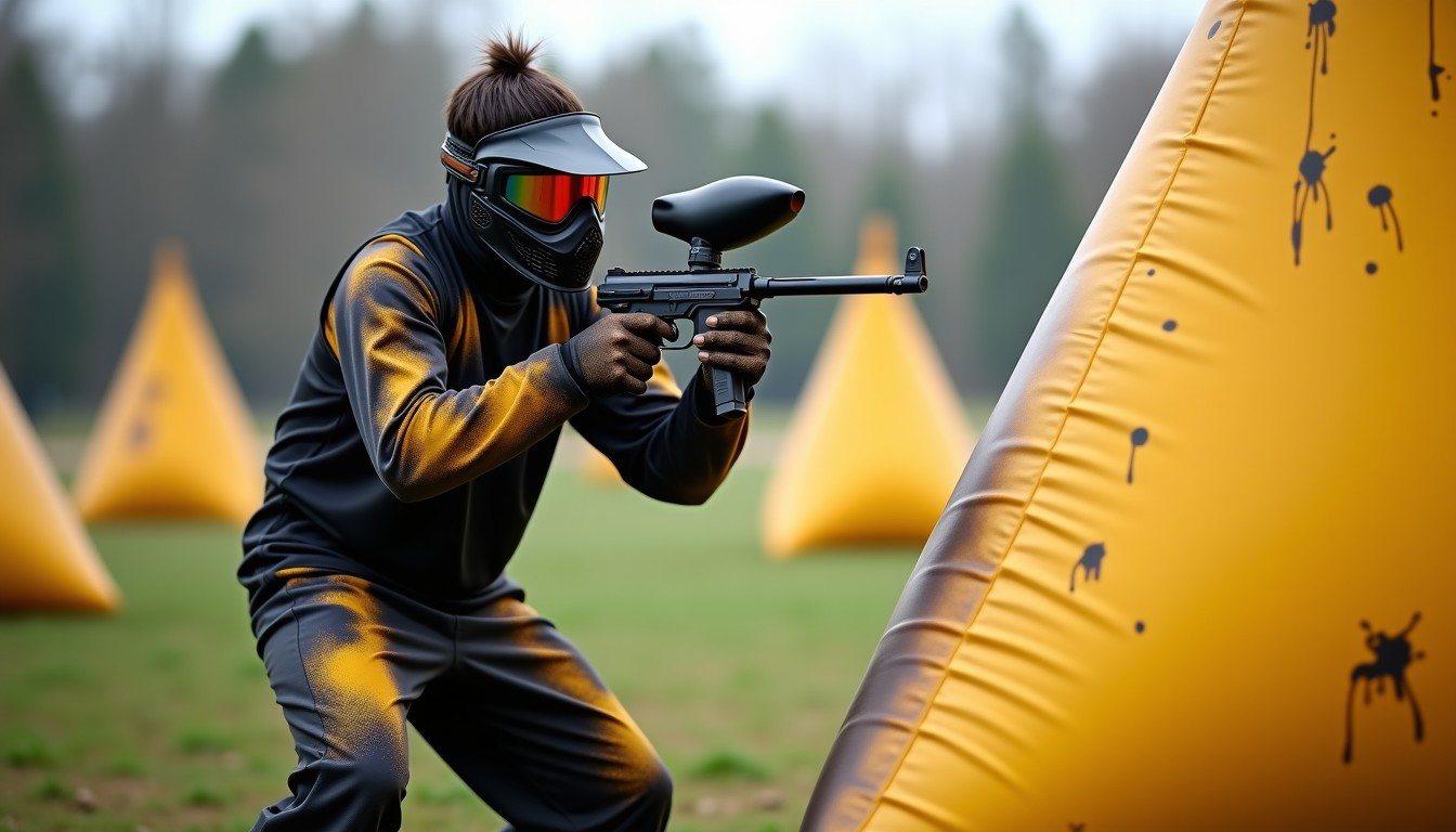 Paintball player in a black and gold sublimated jersey behind a bunker