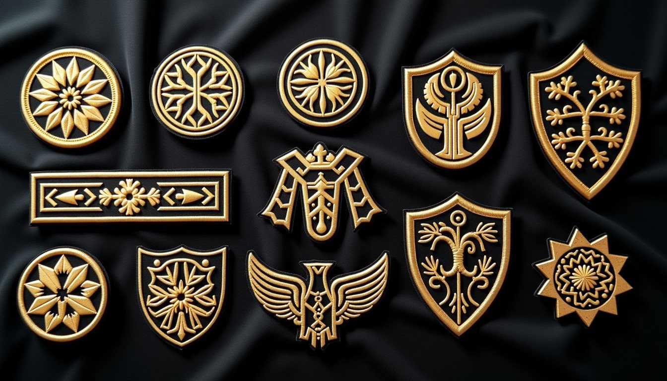 Embroidered, woven and PVC patches in gold on black fabric