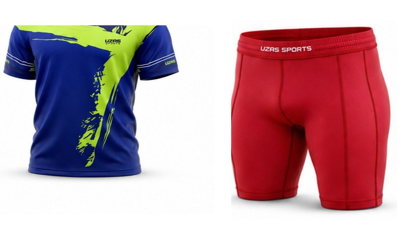 Custom sublimated short sleeve rash guard in blue and lime green next to red compression fight shorts for BJJ and MMA gyms