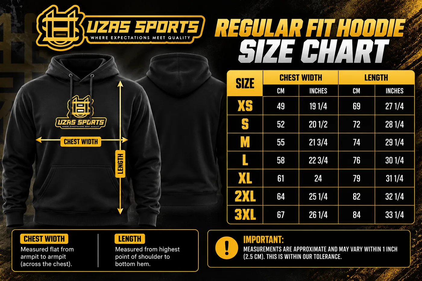 UZAS Sports regular fit hoodie size chart with chest width and length for sizes XS to 3XL