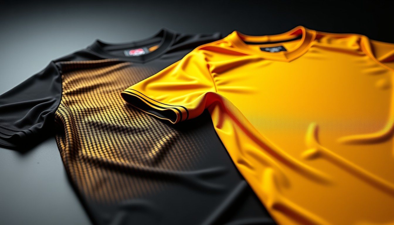 A sublimated gradient jersey next to a screen printed jersey