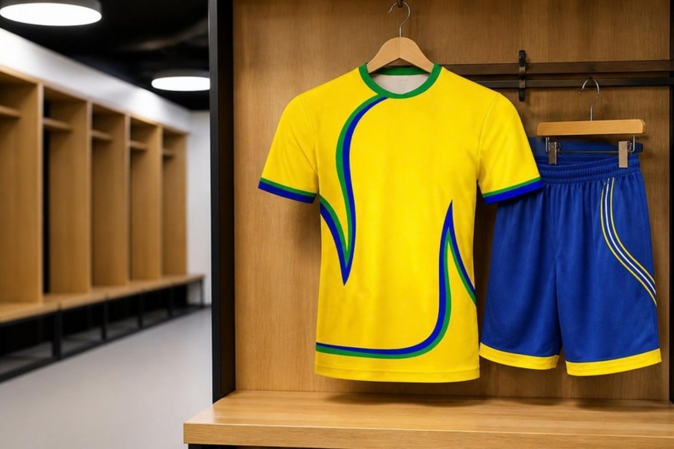 UZAS sublimated yellow team jersey and blue shorts hanging in a stadium dressing room