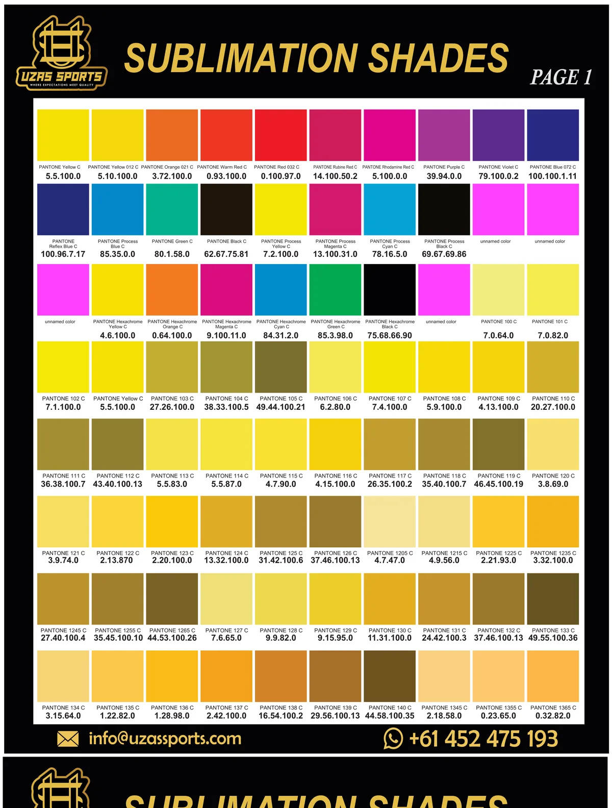 First page of the UZAS Sports sublimation colour chart, showing Pantone-referenced swatches with CMYK values