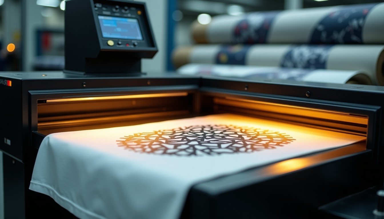 Heat press transferring a black and gold sublimated pattern onto polyester fabric