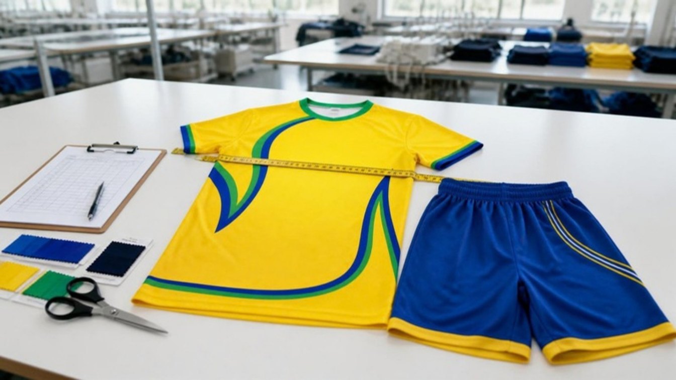 UZAS sublimated yellow and blue team kit on a factory quality-control table with a tape measure and size chart